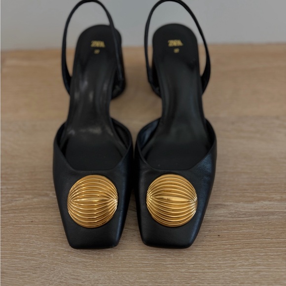 Black Zara Slingback Heels with Gold Medallion Accent Genuine Leather. Size 37 - Picture 2 of 5